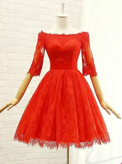 Solvbao Beautiful Red Lace Short Sleeves Wedding Party Dress, Red Prom Dress