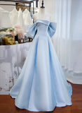 Solvbao Blue Satin Off Shoulder Long Formal Dress, Blue Long Evening Dress Prom Dress