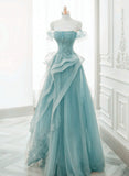 solvbao Blue Tulle Off Shoulder Beaded Lace Long Prom Dress, Blue Formal Dress