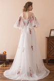 solvbao White Tulle with Lace Off Shoulder Long Party Dress, White Floral Wedding Party Dress