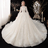 solvbao Ivory High Neckline Lace Puffy Sleeves Wedding Dress, Ivory Long Formal Gown