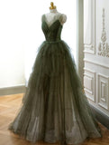 Solvbao Green Tulle Beaded Layers Long Straps Prom Dress, Green Tulle Evening Dress