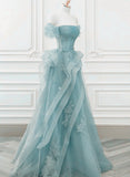 solvbao Blue Tulle Off Shoulder Beaded Lace Long Prom Dress, Blue Formal Dress