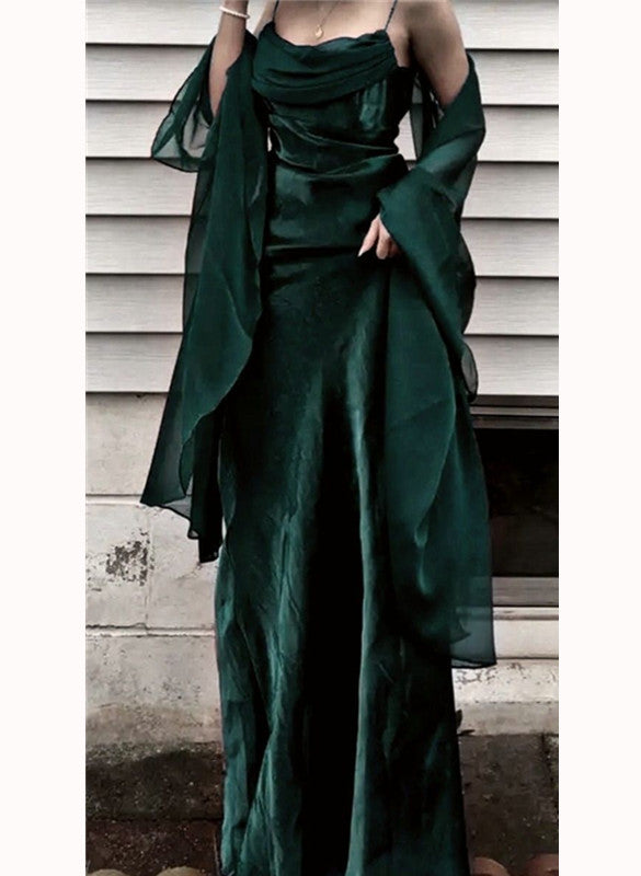 solvbao Green Straps Soft Satin Long Party Dress, Green Long Prom Dress Evening Dress