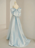 Solvbao Light Blue Chic Satin Off Shoulder Long Party Dress, A-line Light Blue Formal Dress