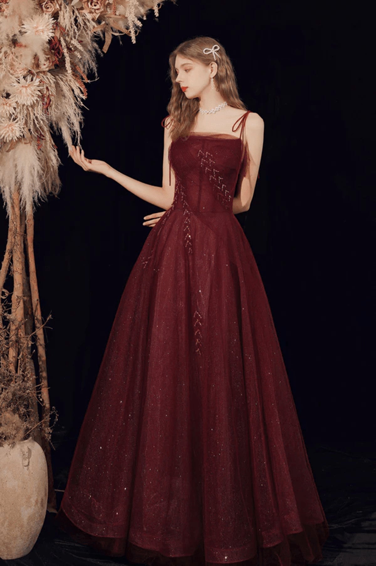 solvbao Wine Red Straps Tulle Beaded Long Prom Dress, Wine Red A-line Formal Dress