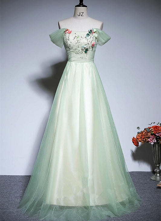 Solvbao Green A-line Off Shoulder Tulle Long Formal Dress, Green Long Prom Dress