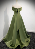 Solvbao Green Scoop Off Shoulder Satin Lace-up Prom Dress, A-line Green Evening Dress