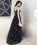 solvbao Charming Black Straps Long Party Dress, V-neckline Prom Dress