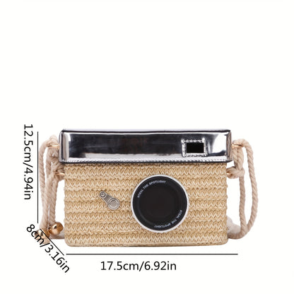 solvbao  Camera Shaped Straw Bag, Trendy Woven Square Purse, Women's Mini Crossbody Bag (6.92*4.94*3.16) Inch