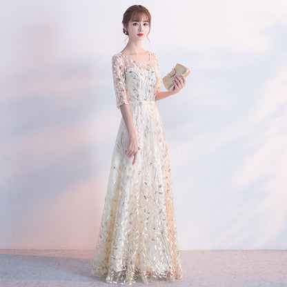 SOLVBAO Evening Dress Champagne Simple and Elegant Elegant Dress Socialite Performance Dress Host Long Banquet Dress for Women