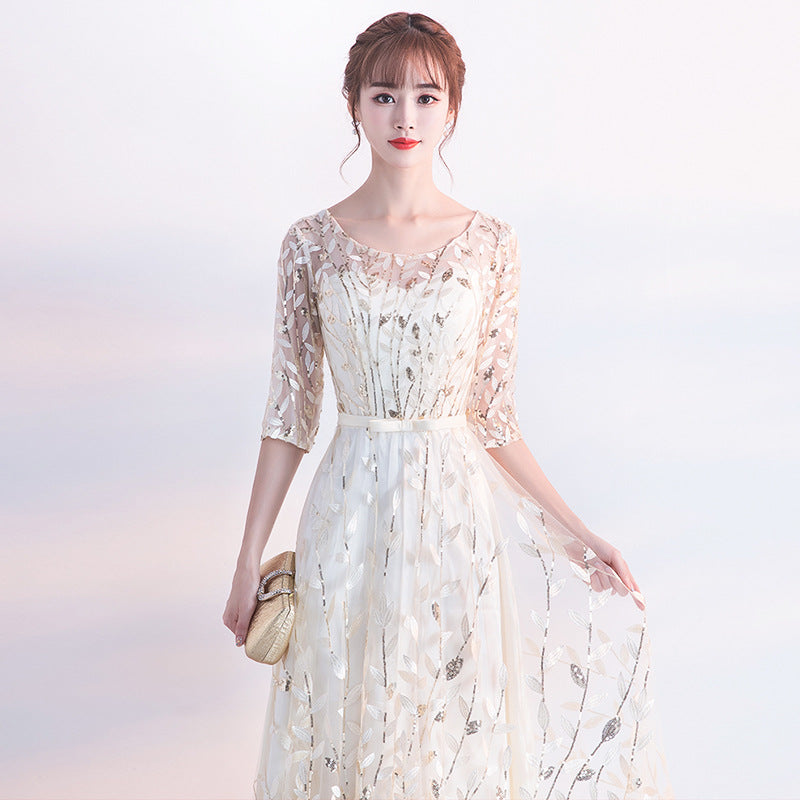 SOLVBAO Evening Dress Champagne Simple and Elegant Elegant Dress Socialite Performance Dress Host Long Banquet Dress for Women