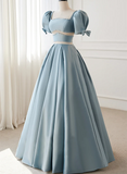 Solvbao Blue Satin A-line Beaded Chic Long Prom Dress Party Dress, Blue Satin Evening Dress