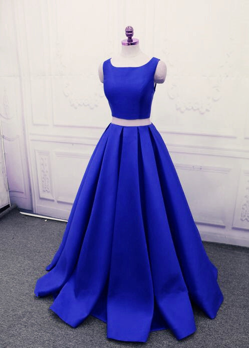 solvbao Royal Blue Satin Two Piece Stylish Formal Dresses, Cute Party Dresses, Floor Length Party Dress