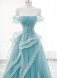 solvbao Blue Tulle Off Shoulder Beaded Lace Long Prom Dress, Blue Formal Dress