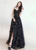 solvbao Charming Black Straps Long Party Dress, V-neckline Prom Dress