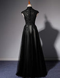 solvbao Elegant High Neckline Black Evening Dress, Tulle with Lace Applique Prom Dress