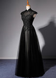 solvbao Elegant High Neckline Black Evening Dress, Tulle with Lace Applique Prom Dress