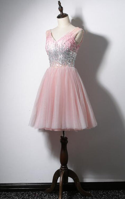 Solvbao Lovely Pink V-neckline Tulle and Sequins Party Dress, Pink Prom Dress