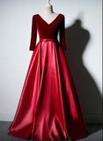 Solvbao Beautiful Long Sleeves Velvet and Satin Party Dress, V-neckline Prom Dress