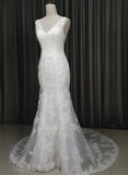 solvbao Elegant V-neckline Mermaid Lace Long Wedding Dress, Beach Bridal Gown