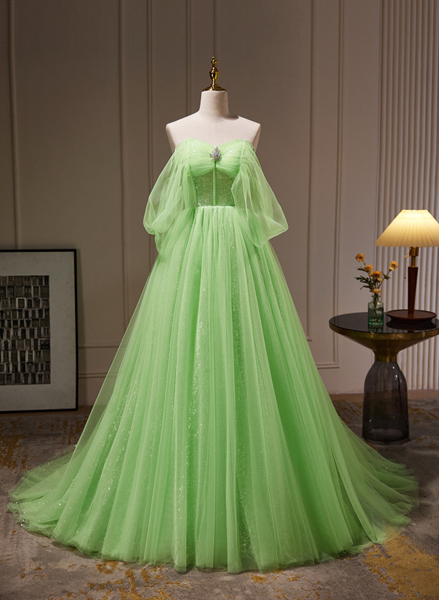 Solvbao Green Tulle with Beadings Sweetheart Floor Length Party Dress, Green Long Formal Dress