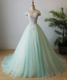 Solvbao Light Green Tulle Cap Sleeves Off Shoulder Formal Gowns, Green Party Gowns, Prom Dress