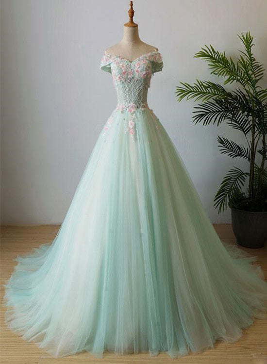 solvbao Green Tulle Flowers Elegant Formal Dress, Green Party Gowns