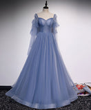 Solvbao Blue Tulle Long Sleeves Beaded Princess Formal Dress, Blue Evening Gown