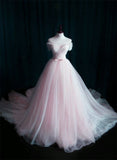 solvbao Pink Sweetheart Tulle Long Wedding Party Dress with Belt, Pink Formal Gown