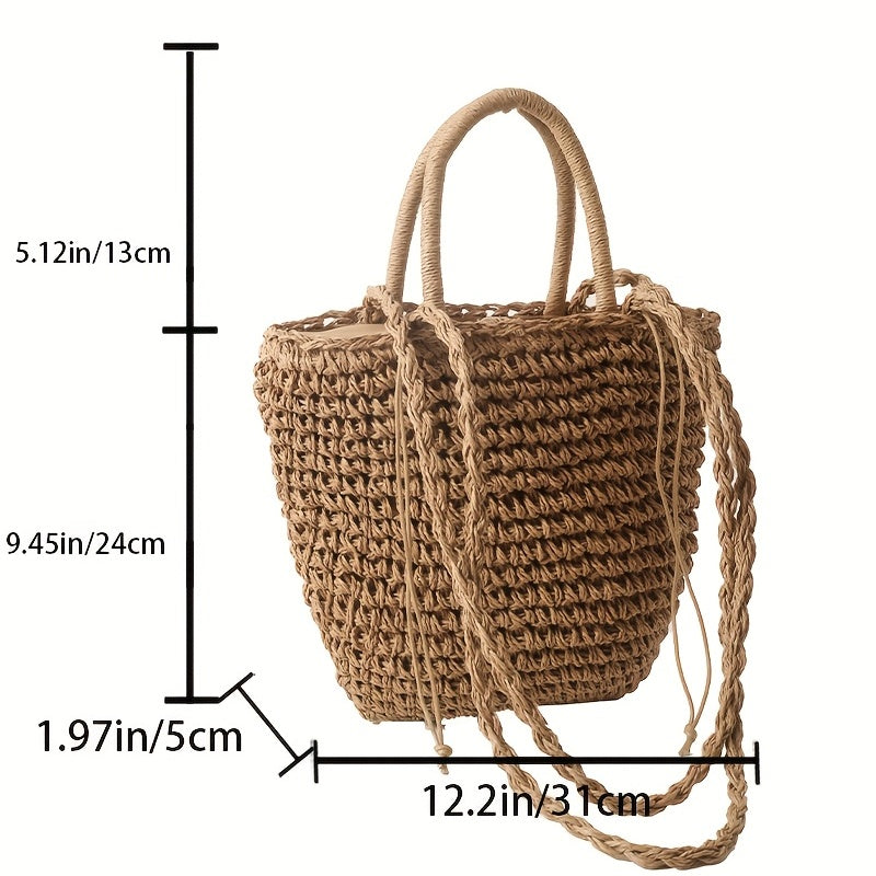 solvbao  Khaki Straw Woven Large Capacity Handbag, Beach Holiday Drawstring Tote Bag, Women's Travel Bag With Scarf