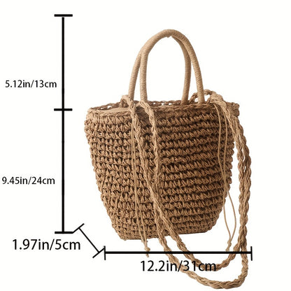 solvbao  Khaki Straw Woven Large Capacity Handbag, Beach Holiday Drawstring Tote Bag, Women's Travel Bag With Scarf