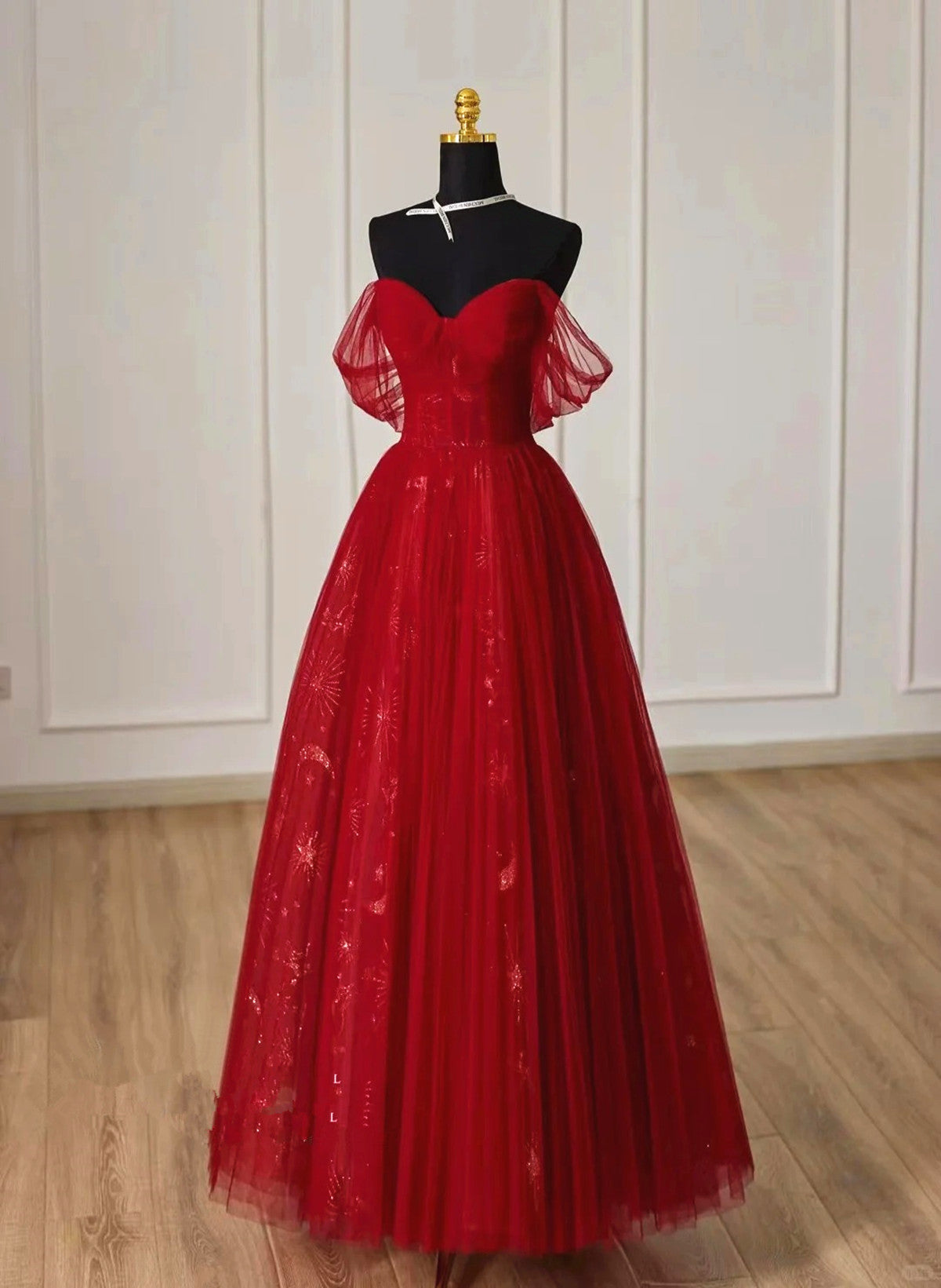 solvbao Wine Red Tulle Sweetheart Off Shoulder Prom Dress, Wine Red Long Party Dress