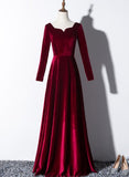 Solvbao Beautiful Wine Red Velvet Long Sleeves Party Dress, Long Prom Dress