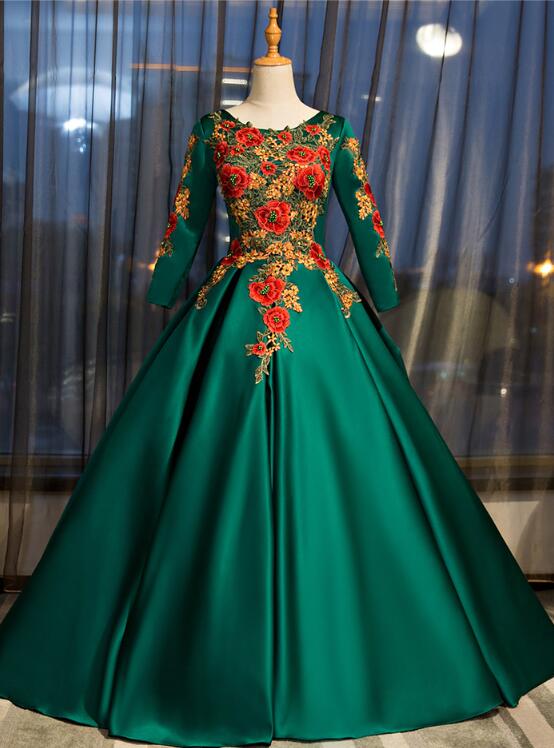 Solvbao Dark Green Satin Long Ball Gown Sweet 16 Dress, Green Prom Dress