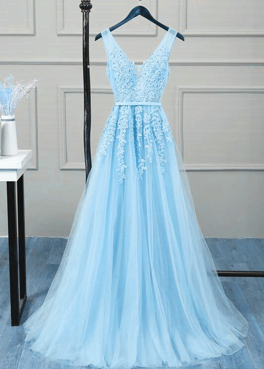 solvbao Charming Light Blue V-neckline Tulle Bridesmaid Dress, A-line Prom Dress