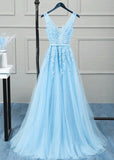 solvbao Charming Light Blue V-neckline Tulle Bridesmaid Dress, A-line Prom Dress