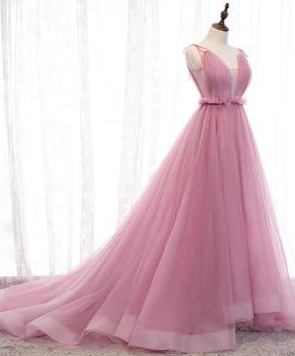 Solvbao Charming Pink V-neckline Straps Tulle Long Evening Dress, Pink Prom Dress