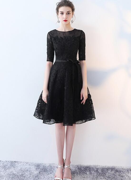 Solvbao Cute Black Lace Short Sleeves Party Dress, Black Lace Homecoming Dress