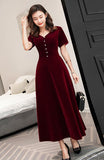 Solvbao Wine Red Tea Length Short Sleeves Vintage Style Party Dress, Velvet Bridesmaid Dress