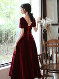 Solvbao Wine Red Tea Length Short Sleeves Vintage Style Party Dress, Velvet Bridesmaid Dress