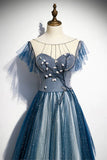 solvbao Blue A-line Round Neckline Beaded Prom Dress, Blue Round Neckline Party Dress