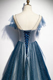 solvbao Blue A-line Round Neckline Beaded Prom Dress, Blue Round Neckline Party Dress