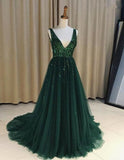 solvbao Tulle Dark Green Sparkly Sequins Beaded V-neck Prom Dresess, Green Evening Gowns, Women Formal Dresses