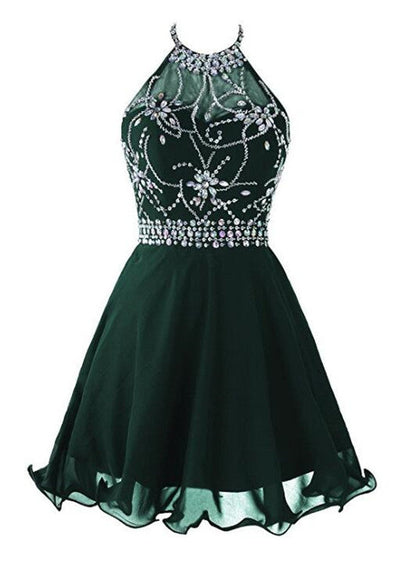 Solvbao Dark Green Beaded Short Homecoming Dress , Beaded Party Dress, Halter Short Prom Dress