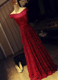 solvbao Dark Red Lace Off Shoulder Long Formal Gown with Belt, Pretty Party Dress, Prom Dress