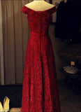 solvbao Dark Red Lace Off Shoulder Long Formal Gown with Belt, Pretty Party Dress, Prom Dress