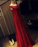 solvbao Dark Red Lace Off Shoulder Long Formal Gown with Belt, Pretty Party Dress, Prom Dress