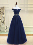 solvbao Navy Blue Tulle Beaded Prom Gowns, Tulle Party Dresses, Elegant Formal Dresses