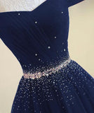 solvbao Navy Blue Tulle Beaded Prom Gowns, Tulle Party Dresses, Elegant Formal Dresses